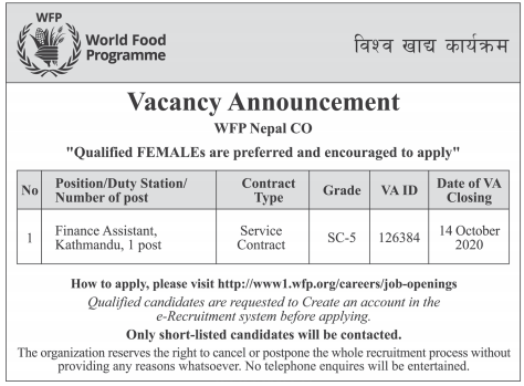 Finance Assistant World Food Programme Wfp Co Nepal Jobejee